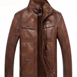 Men’s Winter Genuine Cow Leather Thermal Fleece Stand Collar Thick Warm Inner Lining Casual Classic Style Leather Coat Jacket